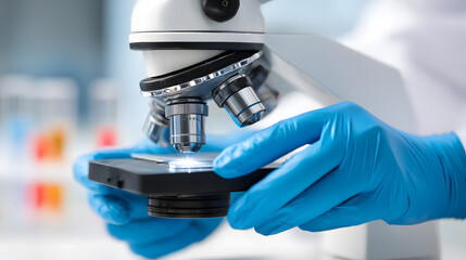 Gloved Hands Holding Microscope Lens