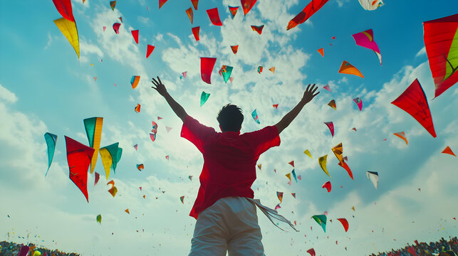 Person with arms upward surrounded by colorful kites