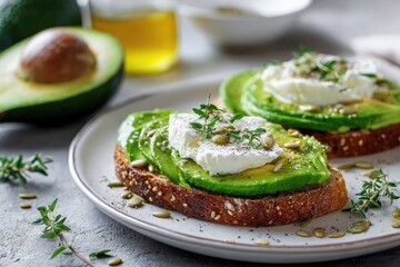 Two avocado and goat cheese toasts on a plate