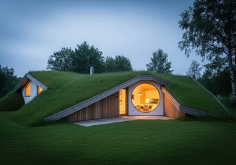 Modern earth-sheltered home with round window and grassy roof glowing warmly at dusk.