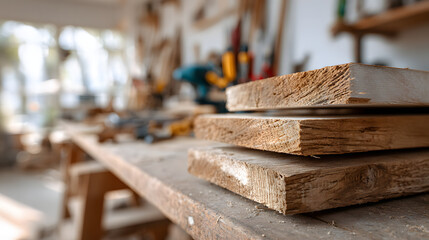 Carpentry Wood Planks on Workbench