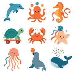 Leaping icon turtle ribbon sea cymbals juggler spinner vector dolphin seal parade