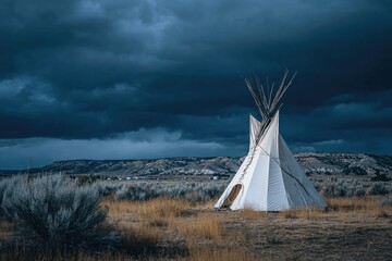 A white teepee under a dramatic storm cloud