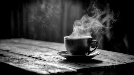 Steaming hot drink in a cup sits on a rustic wooden table, shot in monochrome