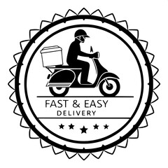 "Modern delivery icon: a rider silhouette on a moped with a cap and delivery box in back. Centered composition, side view facing right. Text 'FAST & EASY DELIVERY' in uppercase sans-serif font below. 