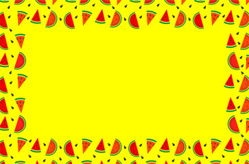 Colorful watermelon frame background. Summer watermelon fruit border with bright colors. Watermelon slice pattern background. Fun tropical watermelon frame design template. Vibrant fruity background.