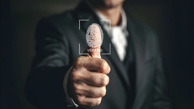 Businessman using fingerprint scan for secure access and identity verification, showcasing modern biometric technology and data protection methods