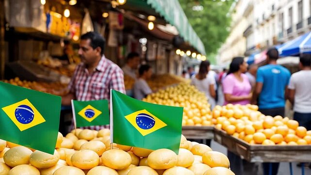 Brazilian flags waving over a pile of cheese bread at a market stall with vendors and customers in the background