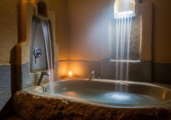 Stone bathtub with cascading water and candlelight in a serene, spa-like atmosphere.