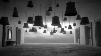 Spooky grayscale room filled with hanging lamps, several doors, and a mysterious sky