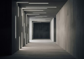 Minimalist concrete hallway with modern slatted lighting and geometric architecture.
