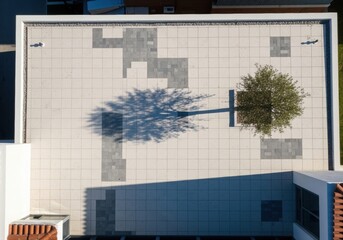 Minimalist courtyard with tiled floor, single tree, and long shadow in geometric layout.