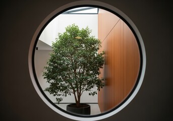 Indoor tree viewed through a round window in a minimalist space with wood and white walls.