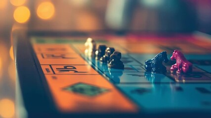 Board game tokens on colorful board under warm lighting