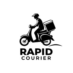 "Black and white silhouette of a delivery service logo featuring a person riding a scooter with a box on the rear. The scooter is in profile, facing right. The words 'RAPID COURIER' are neatly positio