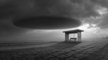 Gray seascape view ominous cloud hovers over rural bus stop bench