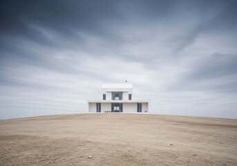 Isolated white house on a barren hill under a dramatic, cloudy sky.