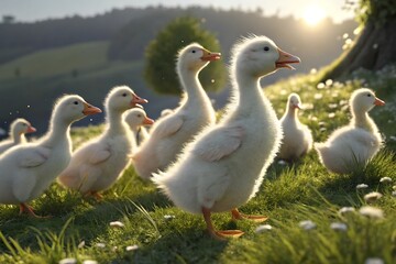 Adorable ducklings explore a sunny meadow at dawn