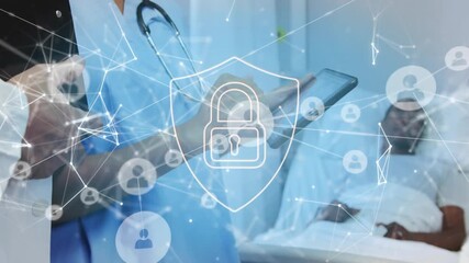 Nurse tapping tablet and doctor reviewing patient data as sharing details securely with lock icons - Powered by Adobe