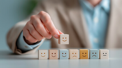 A person in a business suit selects a block with a smiley face from a row of wooden cubes, each of which displays different facial expressions ranging from happiness to sadness. Generative AI
