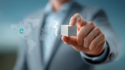 Global Trade Disruption and Tariff ImpactA business professional holds a miniature shipping container in front of a digital world map, symbolizing global trade