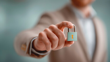 A businessman holds a metal padlock toward the camera, emphasizing the concept of security, privacy, and protection. Cybersecurity