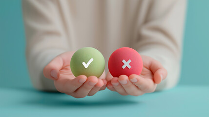 A person holds two colored spheres in their hands: one green with a white mark symbolizing approval or correction, and another red with a white cross symbolizing rejection or error