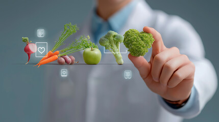 A doctor in a white coat interacts with a futuristic virtual interface displaying fresh vegetables and fruits, including carrots, broccoli, radishes, apples, and potatoes.