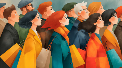 A group of people are seen carrying several shopping bags, representing the excitement and intensity of the Black Friday sales. The scene captures the consumer rush and the discounts