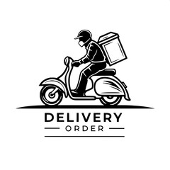 "Logo concept: a delivery person silhouette on a retro-style scooter, carrying a package. The composition is centered with the vehicle in side view. Below, the text 'DELIVERY ORDER' is shown in all-bl
