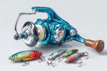 Shiny blue fishing reel and lures on white background