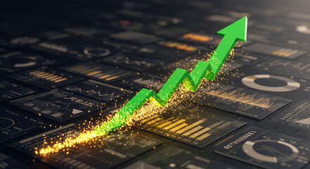 Glowing green arrow symbolizing stock market success and financial profit growth on a futuristic data analytics interface.