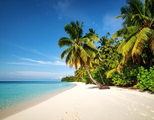 Obraz premium Idyllic tropical beach scene with palm trees leaning towards a pristine white sand shore and turquoise ocean under a vibrant blue sky.