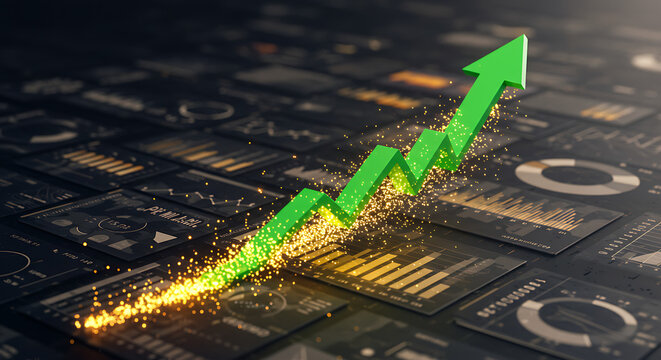 Glowing green arrow symbolizing stock market success and financial profit growth on a futuristic data analytics interface. - Powered by Adobe