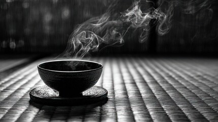Black and white bowl of hot liquid steams on woven mat, bokeh background