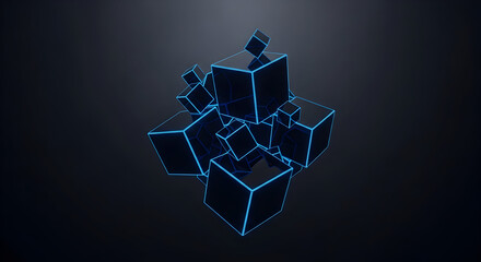 Abstract Neon Glowing Cubes 3D Geometric Arrangement Dark Background Technology Crypto NFT Modern Futuristic Design
