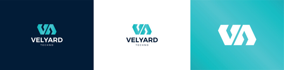 Geometric VA letter monogram logo design. Modern dynamic symbol for a corporate startup or tech company. Vector brand identity set.