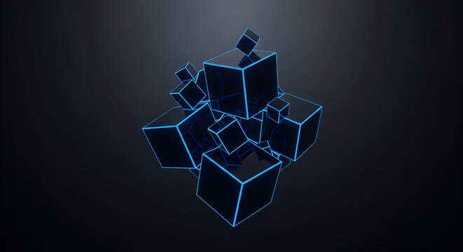 Abstract Neon Glowing Cubes 3D Geometric Arrangement Dark Background Technology Crypto NFT Modern Futuristic Design