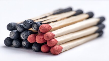 Stacked Matches CloseUp of Burnt and Unused with Red Tips on White Background