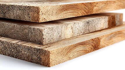 Stacked Lumber with Wood Grain Pattern Detail on White, Rectangular Beam, Rough Texture