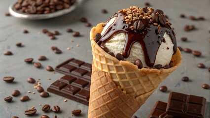 Delicious coffee ice cream cone with chocolate and nuts