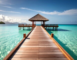 Obraz premium Wooden boardwalk leading to a thatched-roof gazebo over clear turquoise water, with a distant island in the background.