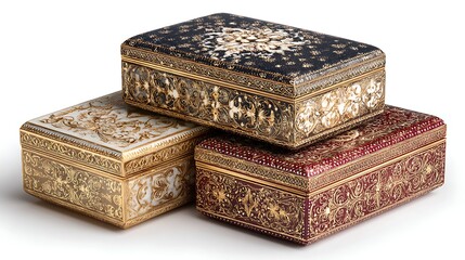 Stacked Ornate Boxes, ReddishBrown, White and Black, Golden Floral Art, Isolated