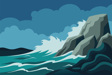 waves crashing on rocky shore with dramatic lighti.eps