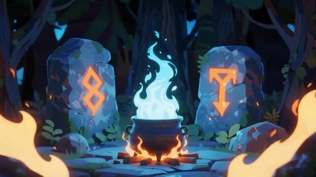 Mystical cauldron bubbling with blue fire, flanked by glowing runestones in an enchanting, moonlit forest. Ideal for fantasy, magic, pagan, and occult themes.