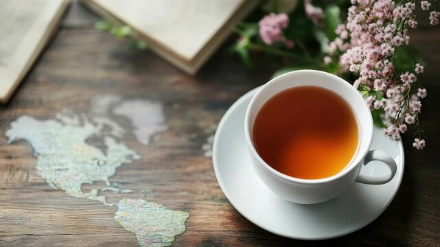 Cup of tea on wooden table next to map and flowers