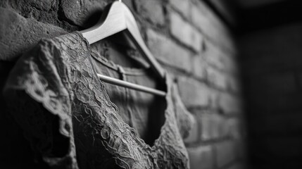Textured lace garment hangs on hanger against a distressed brick wall, monochrome