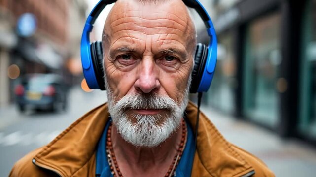 Portrait of a mature punk rocker with mohawk hairstyle enjoying music with headphones while walking down the street in the city