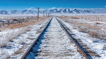 Fototapeta premium Snowy railway track extends to distant mountains