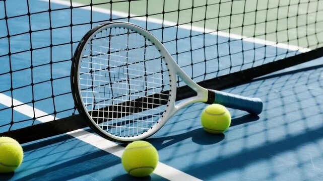Tennis racket and vibrant yellow balls rest on a blue hard court with white lines, casting shadows near the net. Perfect for sports, leisure, or active lifestyle content.